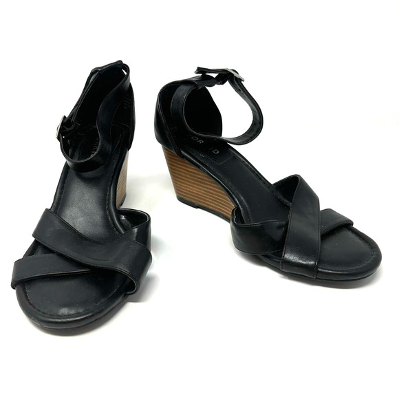 Torrid size 8W black strappy wedge heeled sandals ankle strap wide faux leather - Picture 1 of 9